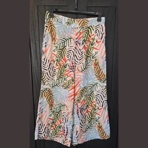 Tropical Leaf Print Wide-Leg Pants 100% Linen Large Resortwear